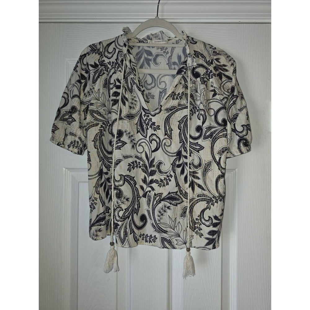 Lavender Brown Top Womens Blue Gold Metallic Tassels Bohemian Cottage Coastal S